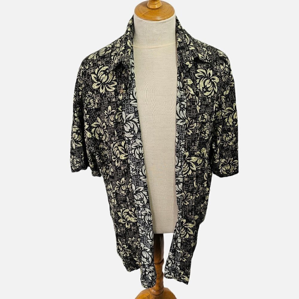 90s Puritan Hawaiian Shirt Tropical Pattern Collared Rayon Mens L Green Ivory